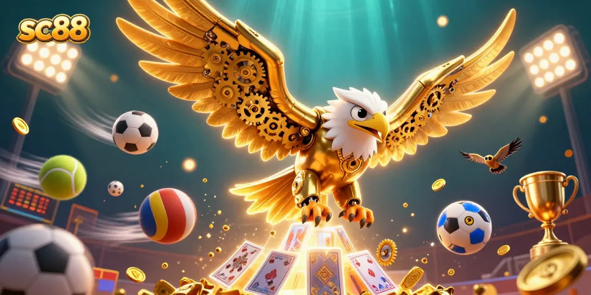 sc88 showcases a dynamic gambling scene with a cybernetic golden eagle and sports elements.
