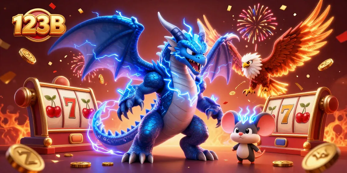 Experience thrilling gameplay at 123B with vibrant slot reels and a dynamic casino scene.