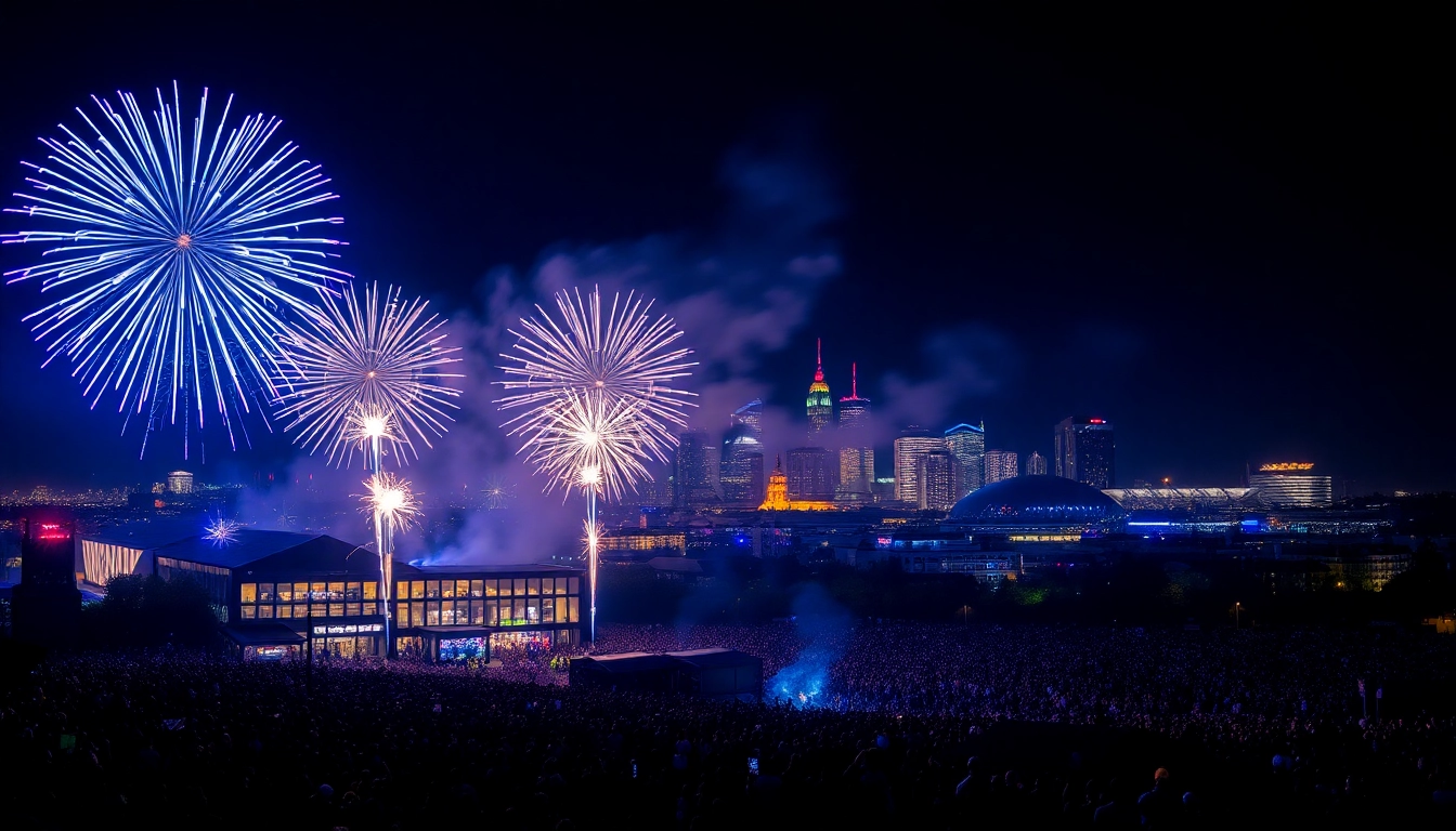 People enjoying a spectacular manchester fireworks show illuminating the night sky.