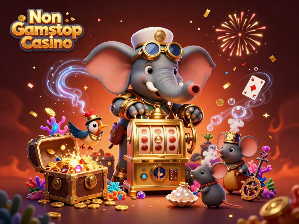 Engage players at Non Gamstop Casino with a dynamic steampunk scene featuring an engineer and slot machines.