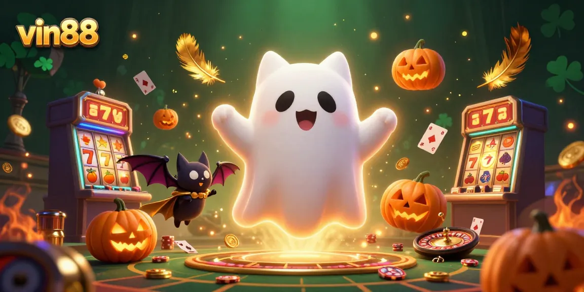 Join the vin88 gambling adventure with a ghost cat, bat companion, and glowing jack-o-lanterns.