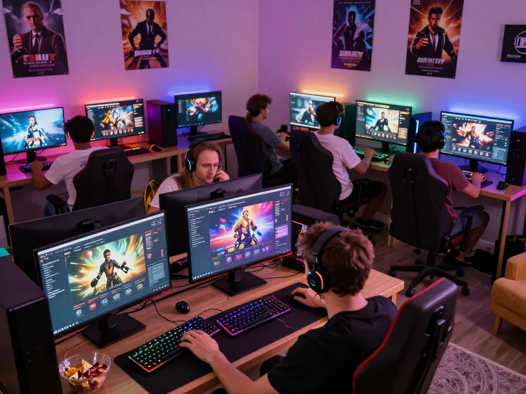 Players enjoying immersive porn games online with high-end setups and vibrant atmosphere.