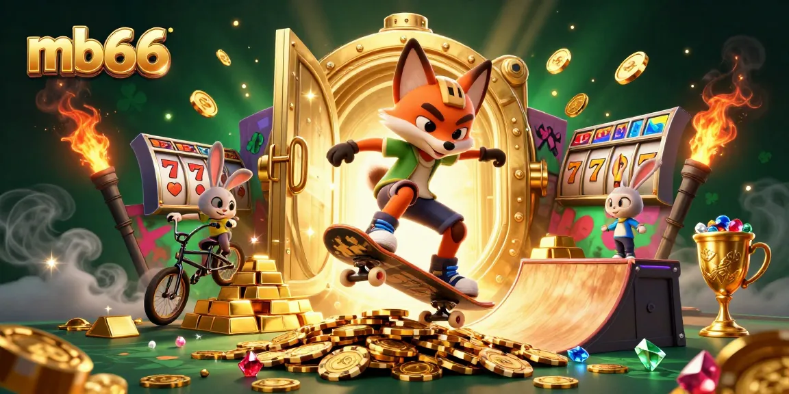 Experience mb66 with a dynamic scene of a skateboarder fox and BMX rabbit amidst vibrant casino symbols.