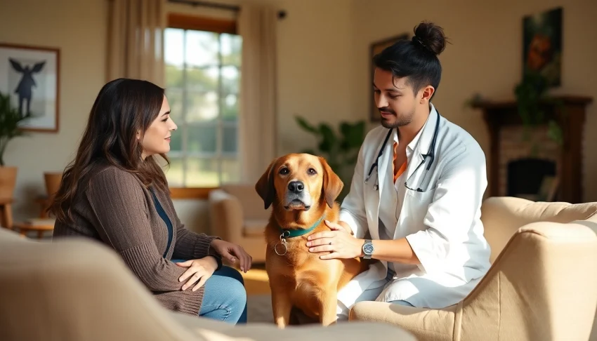 Depression treatment session featuring a compassionate psychologist and therapy dog, creating a supportive atmosphere.