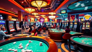 Exciting gambling setup at KJC AC 3 with poker chips, roulette wheels, and players having fun.