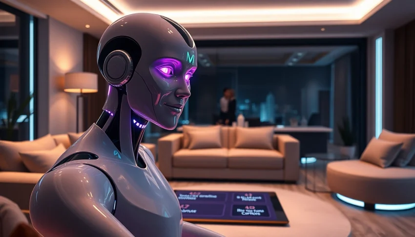 An AI sex bot engaging in a captivating conversation in a modern living room, highlighting human-like interaction.