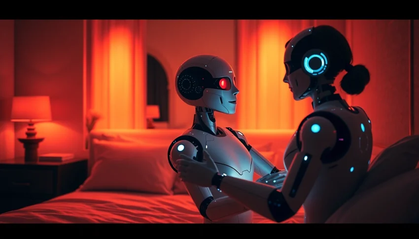 AI sex robot engaging in an intimate moment with a user in a stylish bedroom setting.