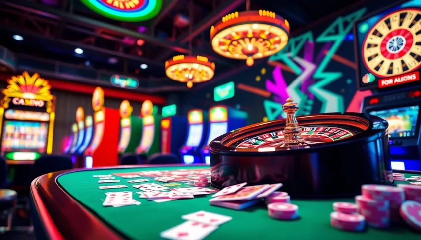 Engaging scene of online gambling excitement at ingatbola platform with vibrant slots and a roulette wheel.