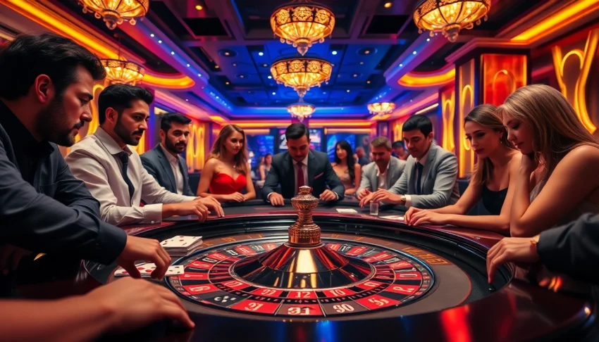 Intense gameplay at rr88com casino with roulette table, poker chips, and vibrant atmosphere.