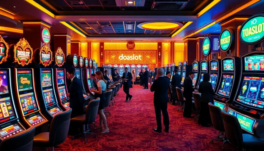 Gamblers enjoying the vibrant doaslot machines in a luxurious casino setting.