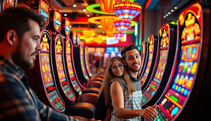 Exciting scene featuring players at vibrant doaslot machines in a lively casino atmosphere.
