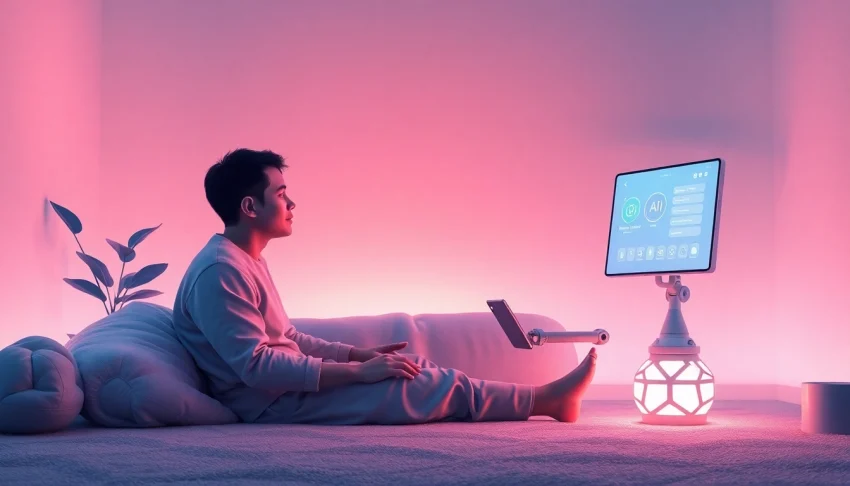 Engaging scene showcasing an individual interacting with a friendly AI chatbot in a warm, inviting space, highlighting the theme of sex ai.