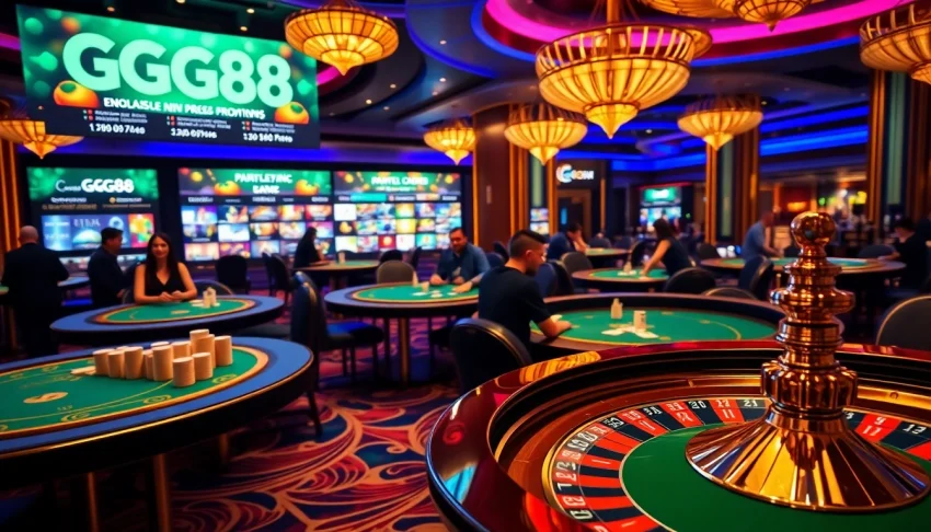 Exciting GG88 casino scene with vibrant poker tables and roulette wheel, showcasing gambling energy.