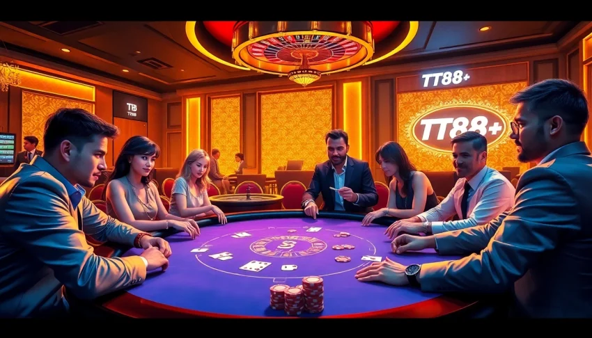 Experience the thrill of TT88 at a luxurious casino with players engaged in a high-stakes poker game.