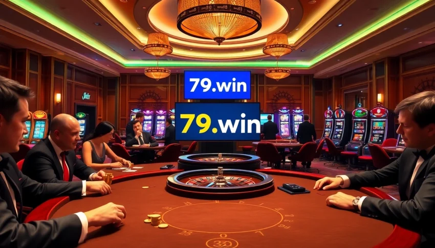 Engaging poker game at a luxurious casino showcasing 79.win brand elements.