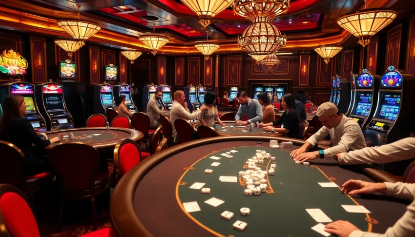 Players engaging in thrilling bets at https://luck88com.net/ casino tables filled with chips and cards.