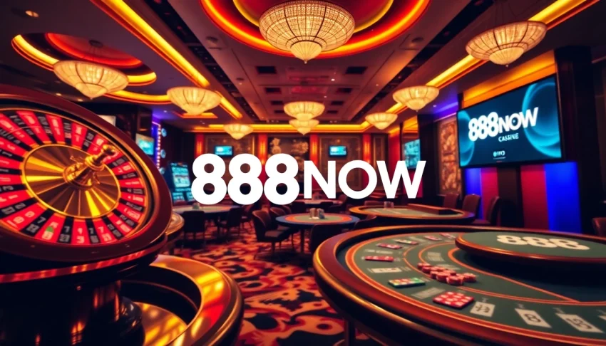 Experience the excitement of 888NOW with players engaging in roulette and poker in a classic casino setting.