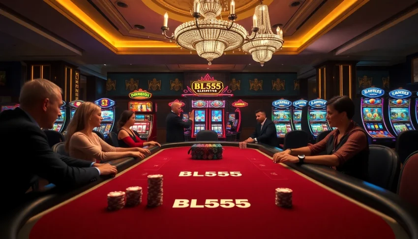 Experience the thrill of a high-stakes poker game at BL555 casino with vibrant decor and engaging gameplay.