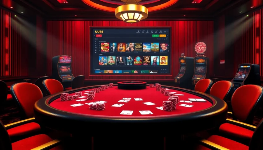 Experience the excitement of trang chủ UU88 with vibrant casino visuals showcasing poker and roulette games.