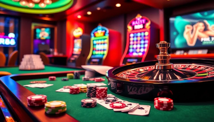 Features of the rr88 link showcased in a high-stakes casino environment with roulette and slot machines.