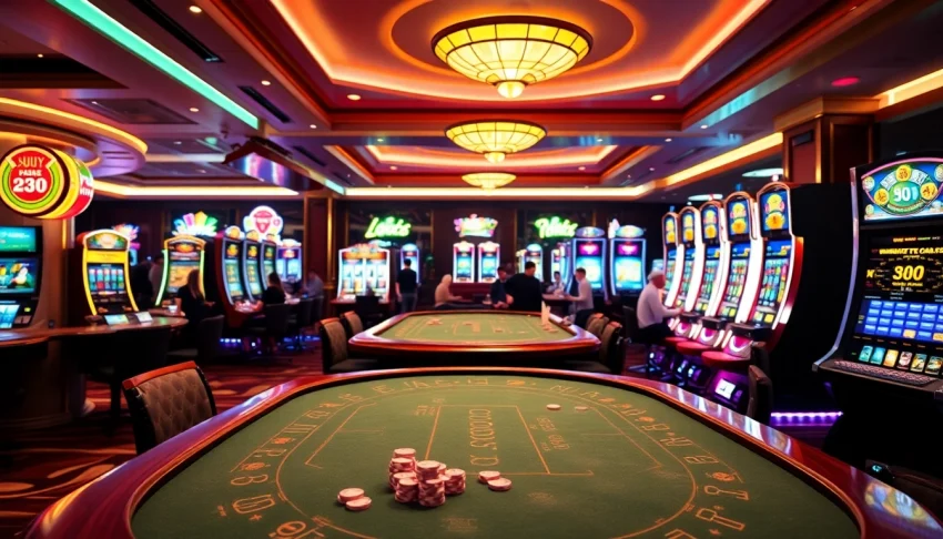 Luck8 gaming enthusiasts engaging at a modern casino table adorned with vibrant slot machines.