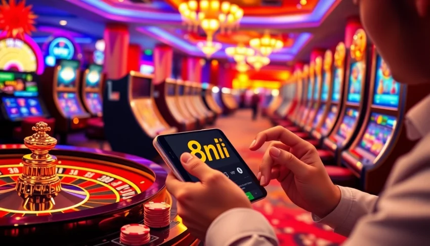 Experience the excitement of link 88i with a luxurious casino atmosphere featuring slot machines and poker chips.