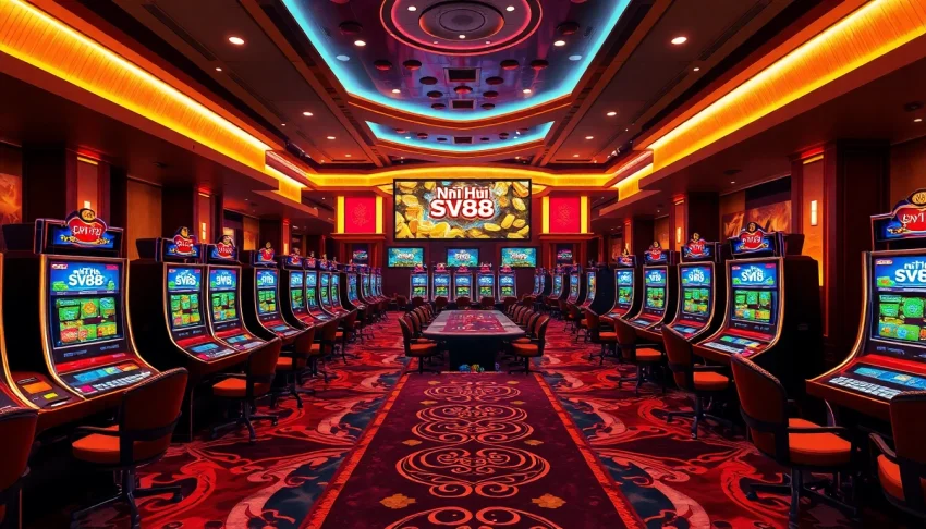 Nổ hũ SV88 slot machines illuminate an exciting casino atmosphere with vibrant colors and plush decor.