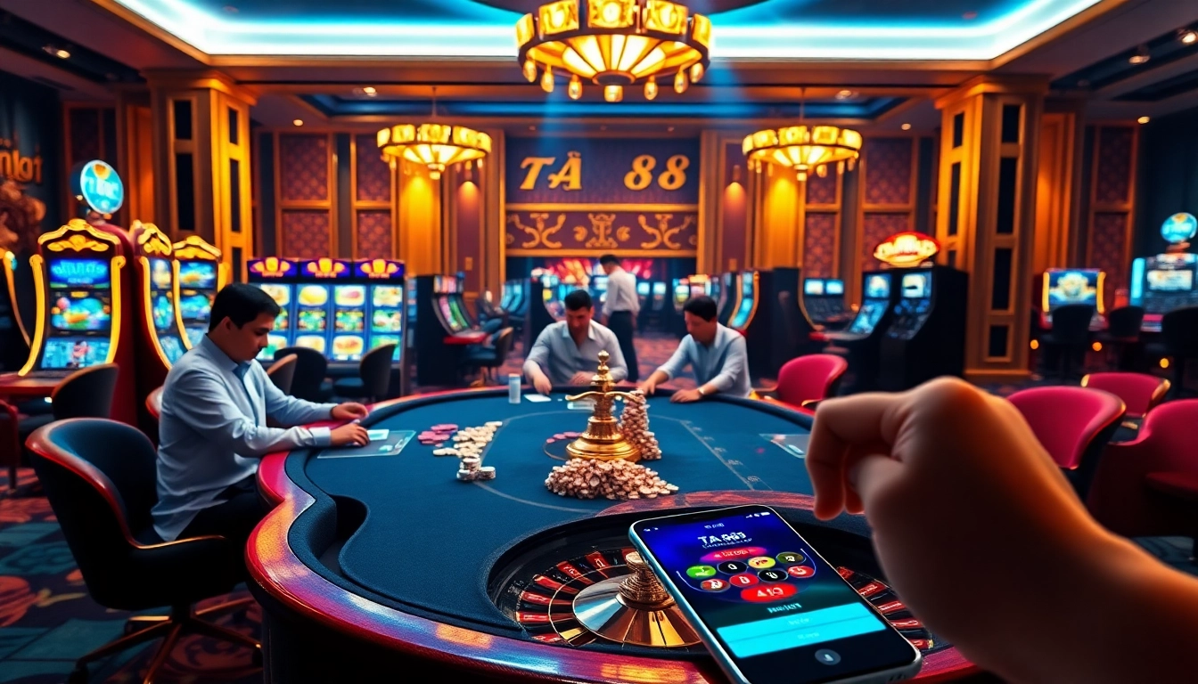 Experience the thrill of online gambling with tải ta88 and a luxurious casino setting.