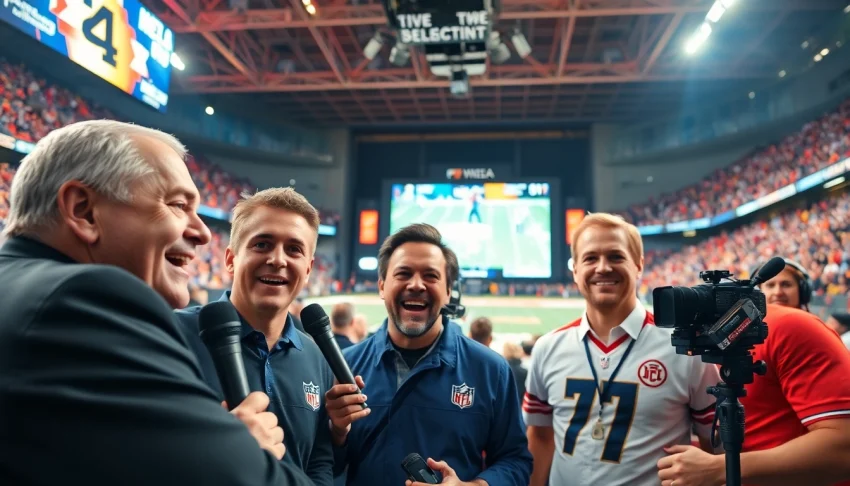 Engaging sports broadcasting setup with commentators highlighting live action in a packed stadium.