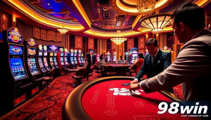 Exciting gambling scene at 98win with poker tables, slot machines, and enthusiastic players.