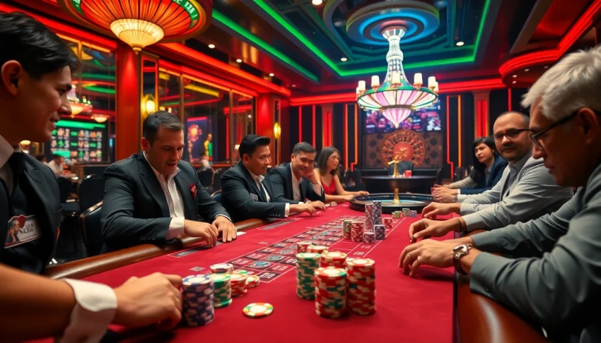 Exciting poker game scene featuring 98win10 with vibrant casino elements and players.