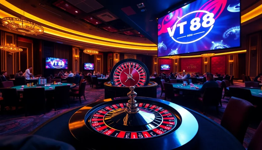Experience the thrill of betting at VT 88 with engaging casino scenes featuring roulette and poker tables.