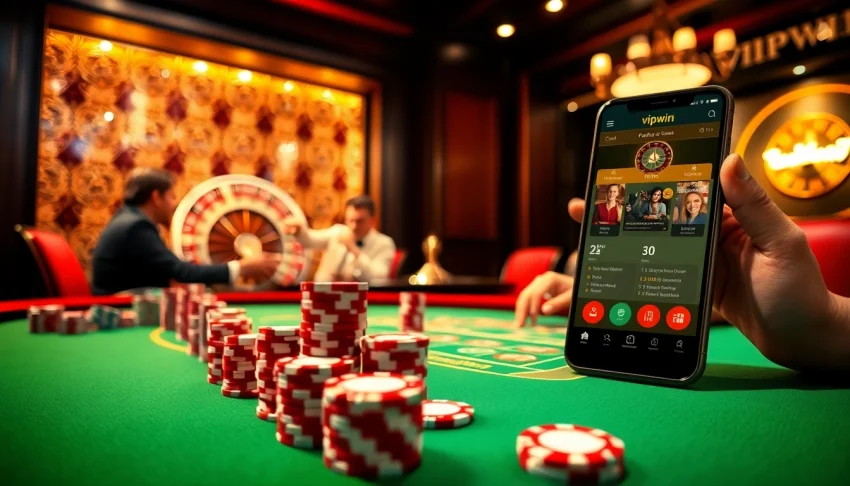 Experience the excitement of playing the vipwin app while enjoying a luxurious casino atmosphere with poker chips and gaming tables.