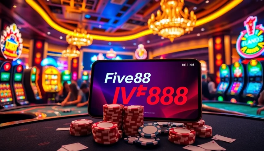 Join the excitement of Tải app Five88 with vibrant casino scenes featuring poker and slots.