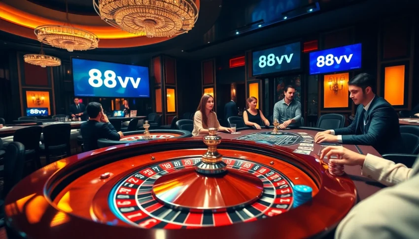 Experience the thrill of 88vv casino gaming with roulette, poker, and vibrant chips.