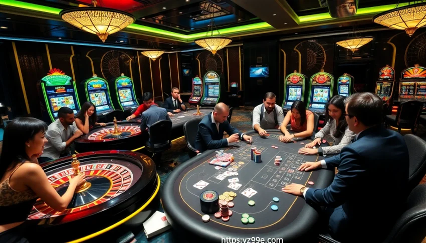 Engaged gamblers playing a high-stakes poker game at https://vz99e.com casino.