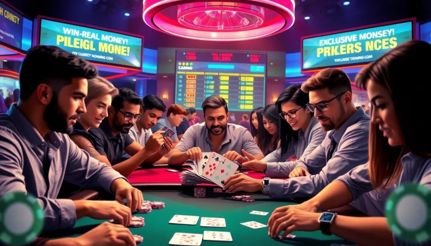A lively scene of online poker at topgamebaidoithuong.mx featuring diverse players and dynamic casino lighting.