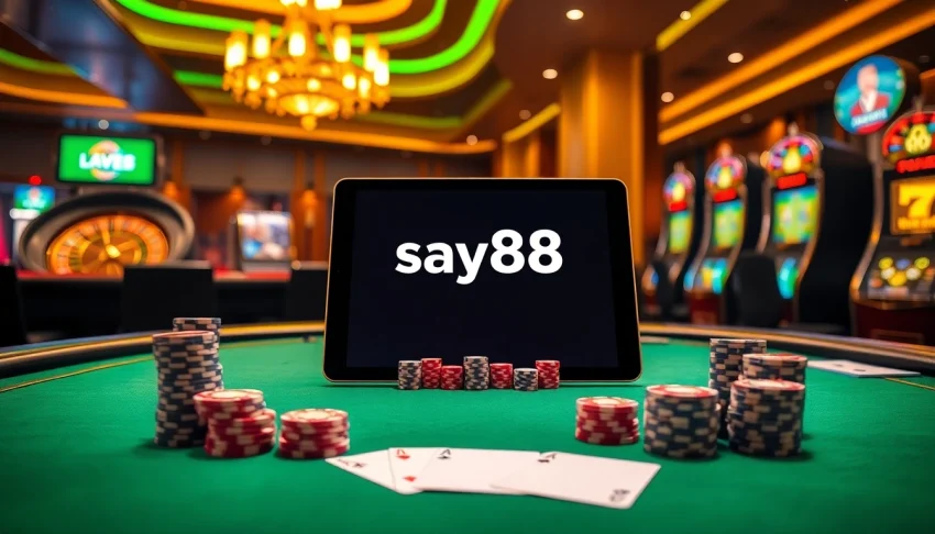 Experience high stakes at say88 with a vibrant poker table and a digital betting interface.