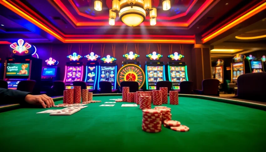 Experience the thrill of gambling with 69vn.gb.net at a vibrant casino table featuring poker chips and excitement.