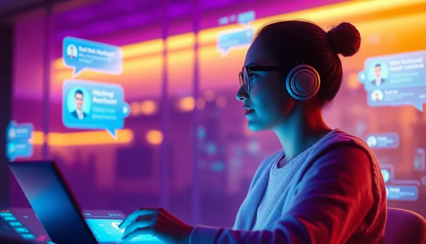 Engaging illustration of a user interacting with a virtual AI girlfriend on a chat platform, featuring modern design elements in a cozy ambiance.