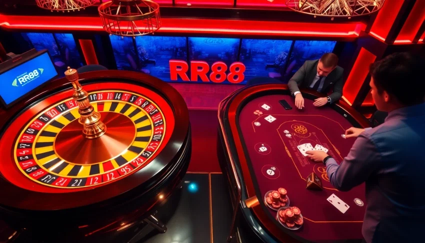 Experience high-stakes excitement at RR88 with poker chips and roulette wheels.