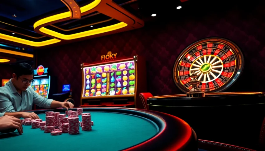 Engaging players at MK 8 poker table with vibrant casino ambiance and thrilling atmosphere.