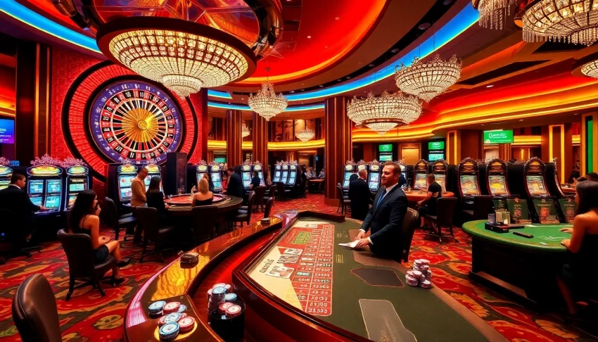 Experience the excitement of trang chủ 789P in a vibrant casino scene with roulette and slot machines.