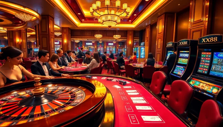 Players engaging in high-stakes action around the XX88 poker table in a luxurious casino.
