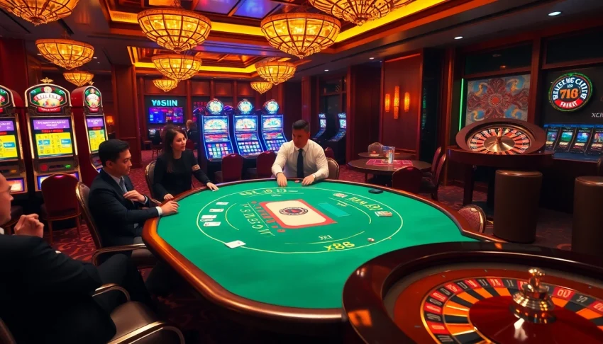 Experience the thrilling action of x88 at a luxury casino table with vibrant slot machines.