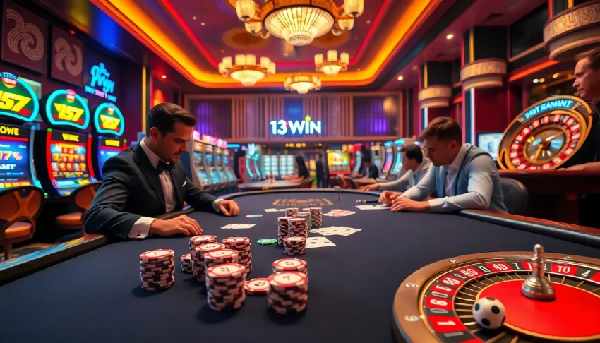 Players enjoying engaging table games at the luxurious 13win casino, surrounded by excitement.