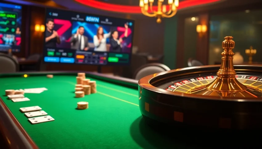 Engaging gambling scene highlighting nhà cái 68WIN with casino tables and poker chips.