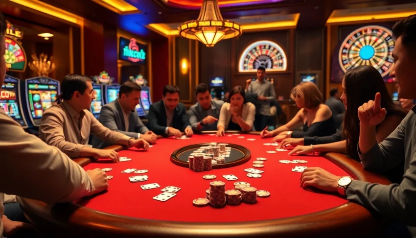 Players enjoying a thrilling online gaming experience at NK88 casino with poker chips and cards.