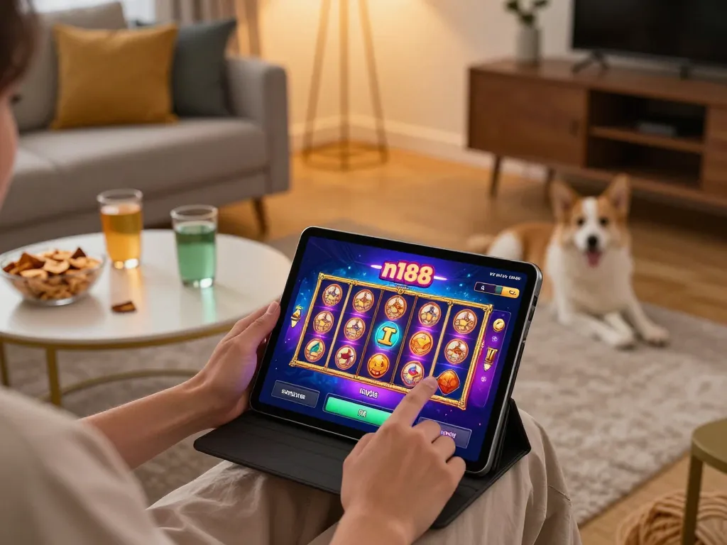 Person enjoying n188 casino app in a stylish living room while playing slots.