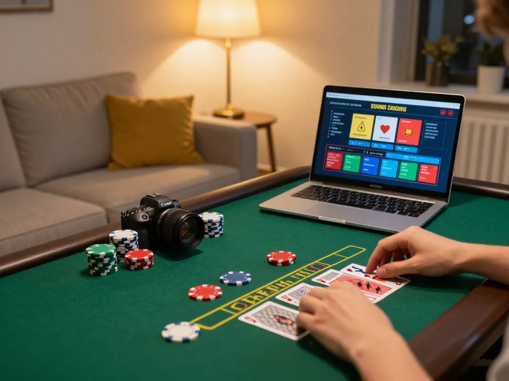 Engaging in online blackjack gameplay with tg88 chips on the table in a warm home setting.